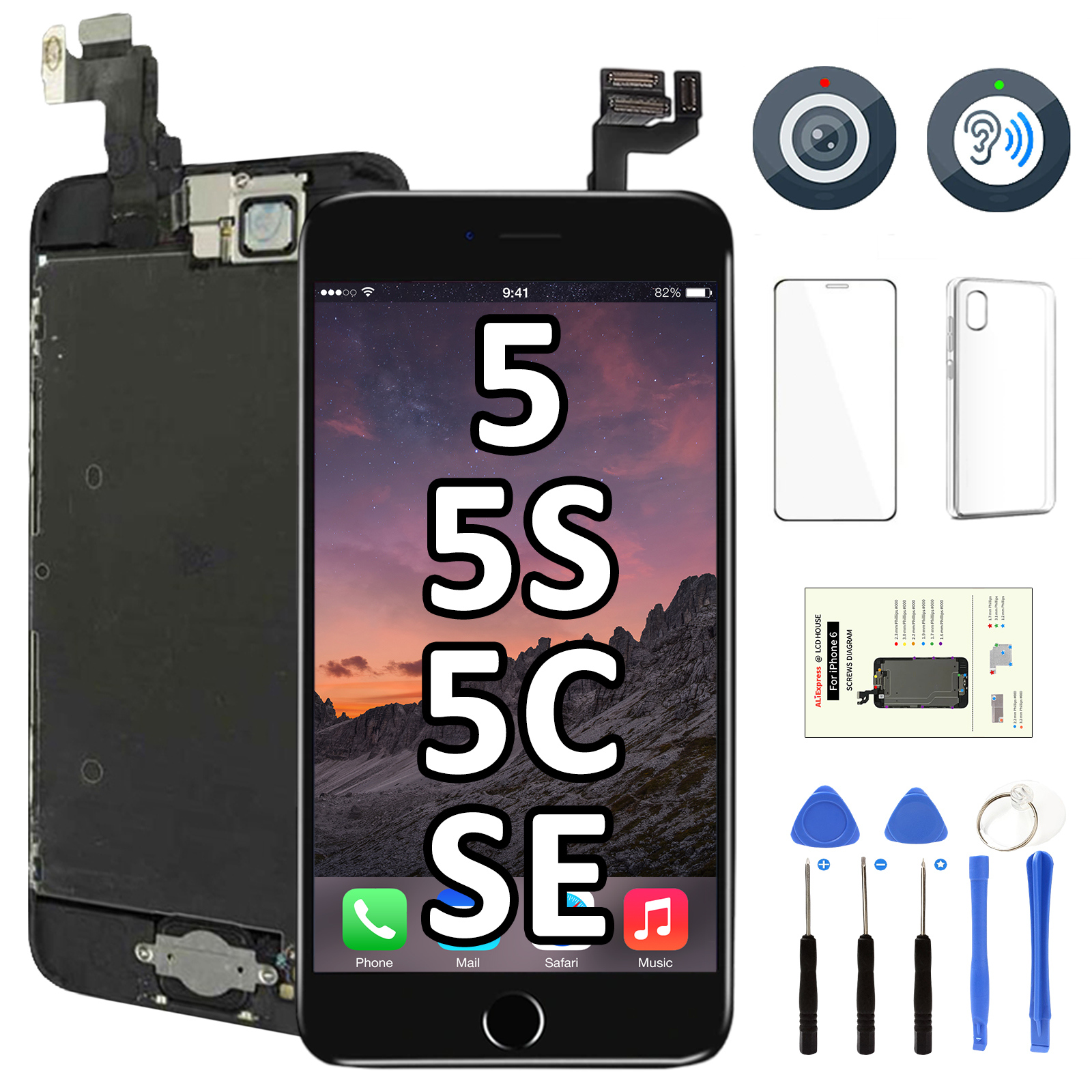 Ensemble complet Ã©cran tactile LCD de remplacement, pour iPhone 5 5C 5S SE, verre avant + camÃ©ra + oreillettes + bouton d'accueil n° 1