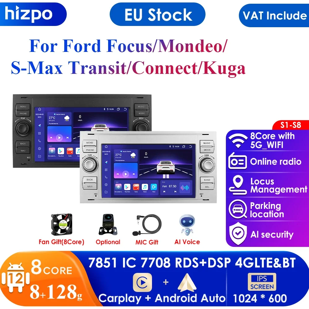 Autoradio GPS Android 12 8G + 128G 2din pour Ford Mondeo s-max Focus C-MAX Galaxy Fi.C. ATIC ktallergique Kuga limitation Nav n° 1