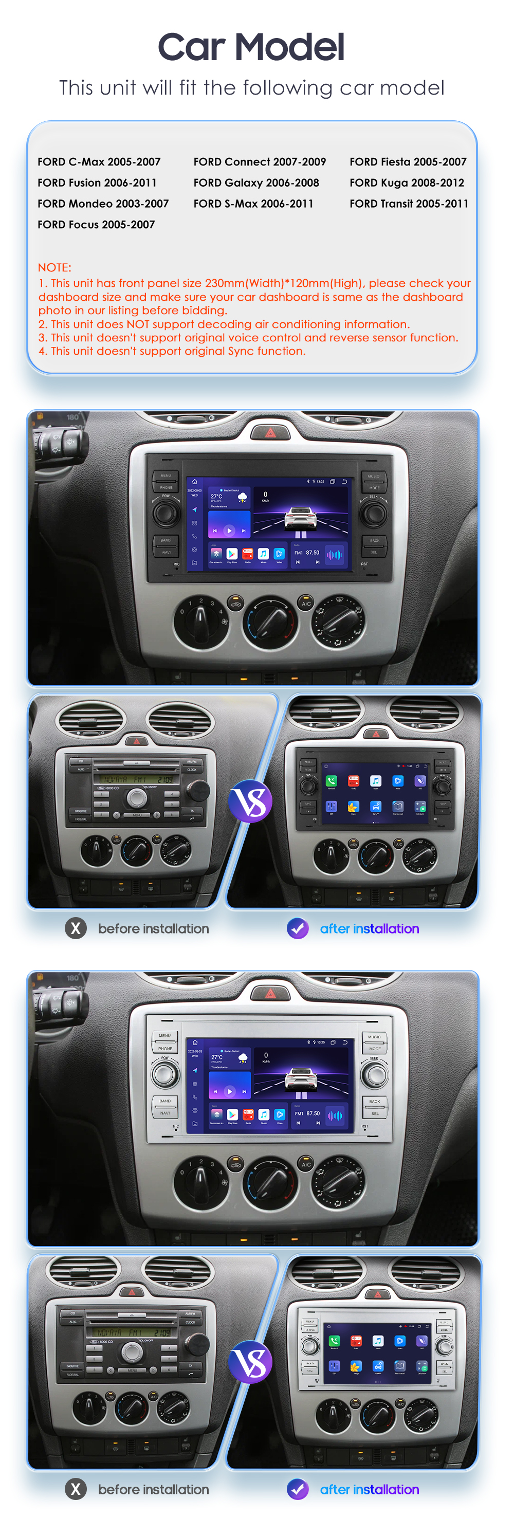 Lecteur de limitation d'autoradio Android pour Ford, Kuga Mondeo, ATIC Focus, allergique C, S Max, GPS, Carplay, Auto, 7862 n° 2