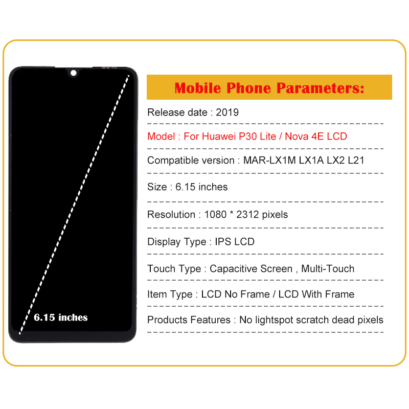 6.15 d'origine Pour Huawei P30 Lite ÉCRAN LCD 10 Écran Tactile Pour Nova 4e MAR-LX1M LX1A LX2 L21MEA LX3A Remplacement D'écran D'AFFICHAGE À CRISTAUX LIQUIDES n° 6