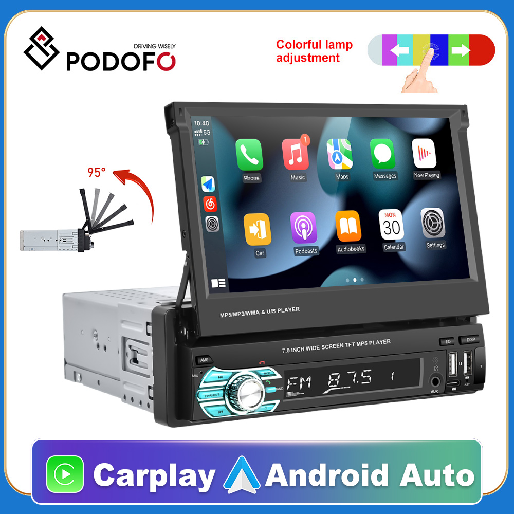 PodoNuremberg-Autoradio Carplay avec Ã©cran rÃ©tractable, lecteur de limitation universel, Android Auto, Volkswagen, Nissan, Hyundai, Kia, 1 Din, 7 n° 1