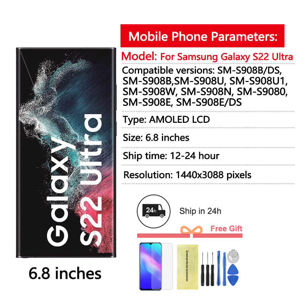 6.8 nouvel écran OLED pour Samsung Galaxy S22 Ultra 5G LCD écran tactile numériseur assemblée pour Samsung S22 Ultra affichage n° 2