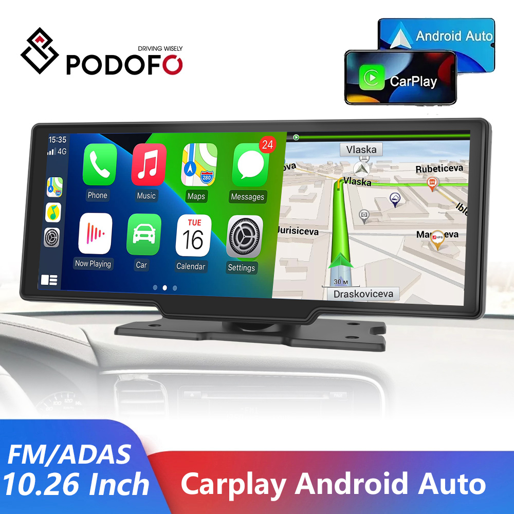 PodoNuremberg-CamÃ©ra de tableau de bord avec camÃ©ra de recul, Carplay et Android Auto, lecteur intelligent avec commande vocale, DVR de voiture, BT, FM, moniteur de miroir, 10.26 n° 1