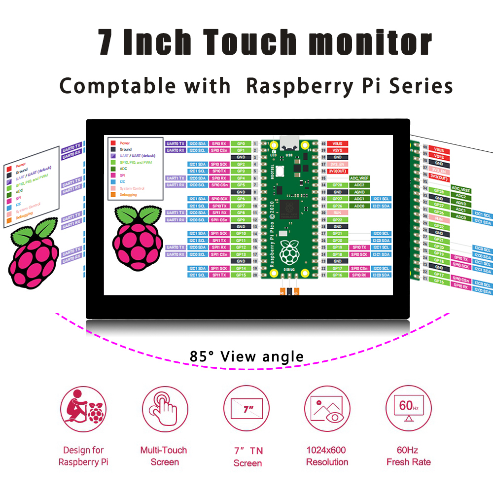 Ã‰cran Tactile Portable de 7 Pouces, 1024x600, Compatible HDMI pour Ordinateur Portable, Switch Xbox, Affichage de la SÃ©rie Raspberry Pi avec Support n° 2