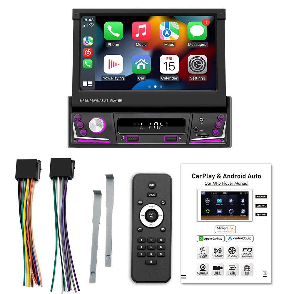 1Din automatique android CarPlay sans fil haute dÃ©finition de 7 pouces lecteur multimÃ©dia vidÃ©o MP5 Ã©cran rÃ©tractable miroir lien voiture BT/FM/USB/AUX 9606W n° 3