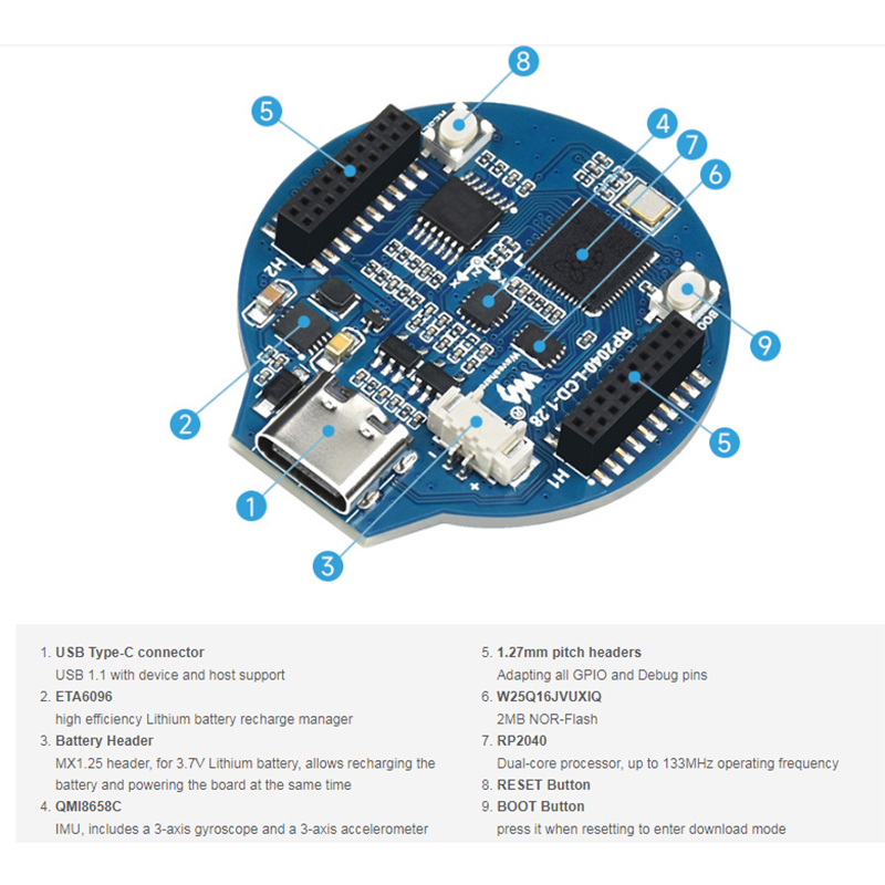 Ã‰cran LCD rond intÃ©grÃ© Raspberry Pi RP2040, carte MCU, technologie Ã©ventuelles I, accÃ©lÃ©romÃ¨tre, capteurs de gyroscope, 1.28 pouces n° 5