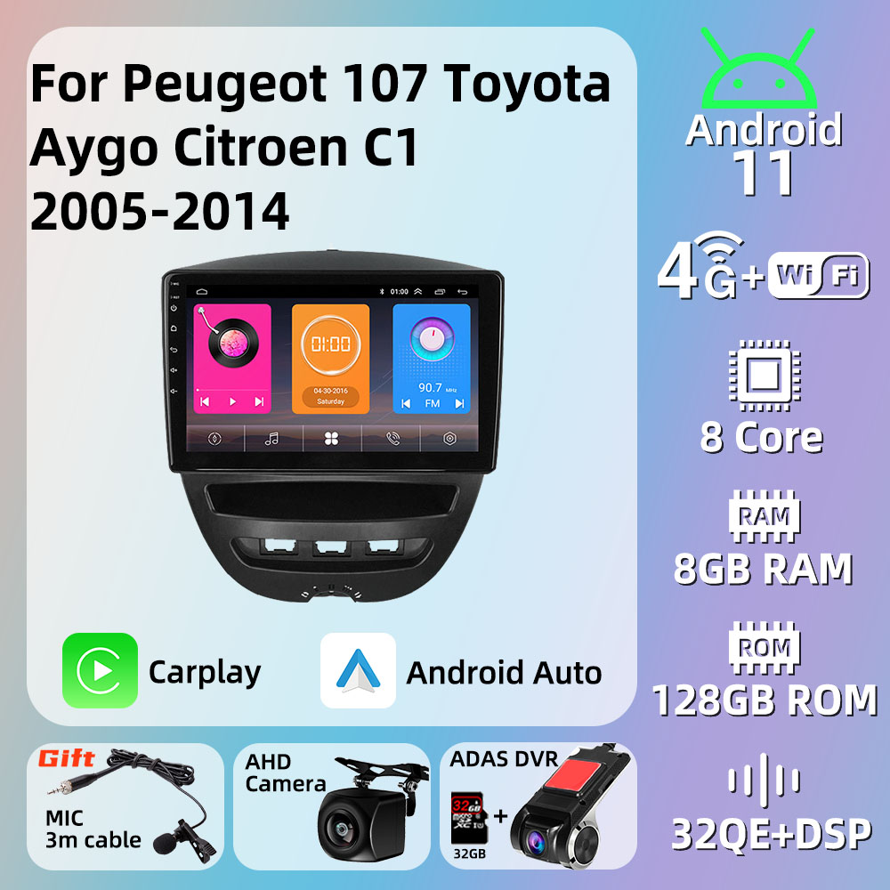 Autoradio Android 2 Din, Navigation GPS, Carplay, Lecteur StÃ©rÃ©o, Ã‰cran, Limitation, KIT 107, Toyota Aygo, Cristaux en C1, 2005-2014 n° 1