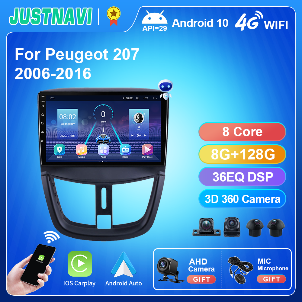 JUSTN183-Autoradio Android pour KIT 207 2006-2016, Navigation StÃ©rÃ©o, Limitation GPS, Lecteur VidÃ©o Carplay Sans Fil n° 1