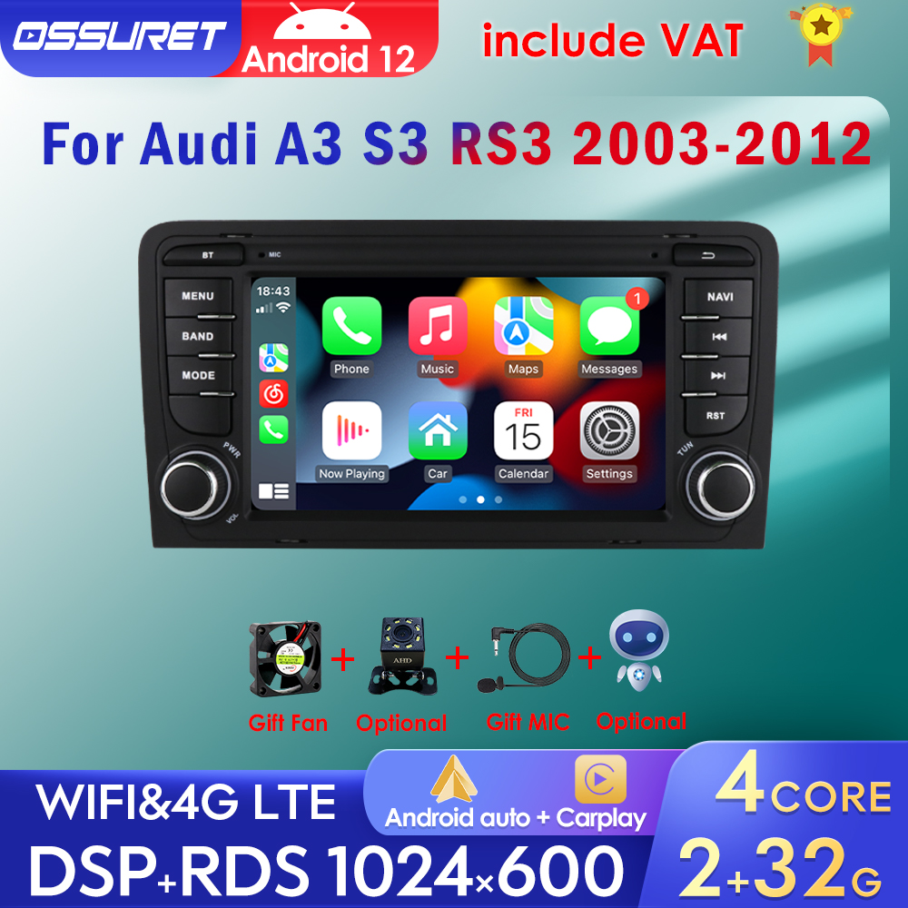 Autoradio Android 12, Navigation GPS, RDS, Carplay, DSP, USB, Lecteur MultiXXL StÃ©rÃ©o, 2Din, pour Voiture Audi A3, S3, RS3 (2003-2012) n° 1