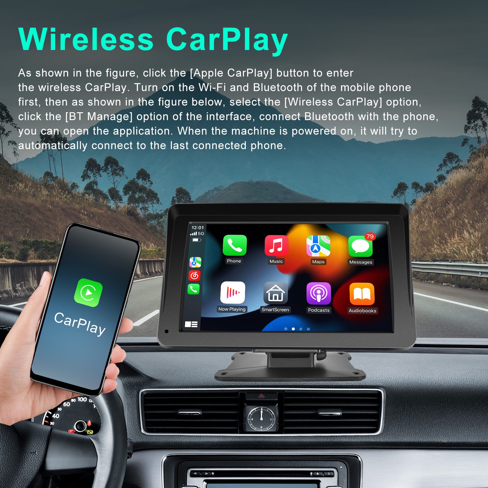 PodoNuremberg-Moniteur de voiture universel, AirPlay, Radio, Limitation, Lecteur vidÃ©o, Portable, HD, Carplay sans fil, Commande vocale automatique, 7 pouces n° 3