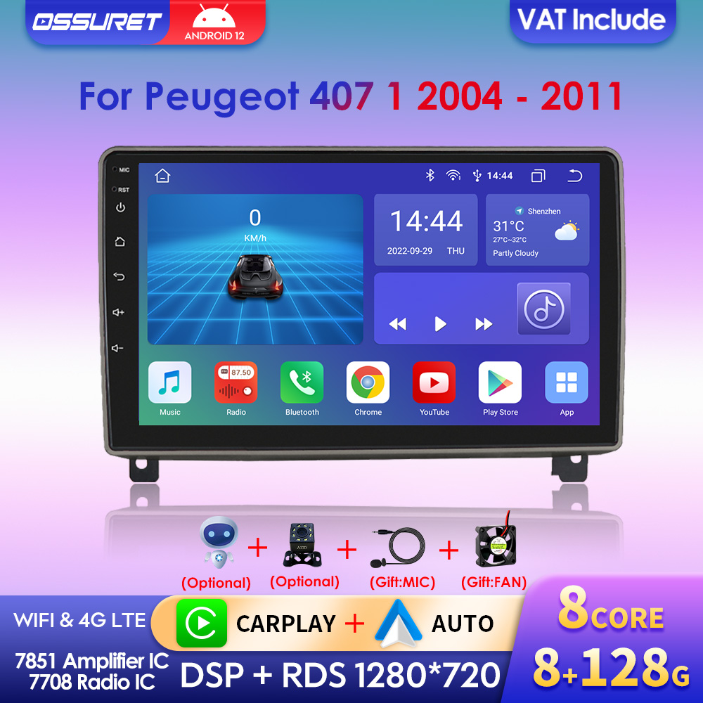 Autoradio 9 , Android 12, navigation GPS, lecteur multimÃ©dia, stÃ©rÃ©o, vidÃ©o, unitÃ© centrale, 2 DIN, pour voiture KIT 407 1 (2004-2011) n° 1