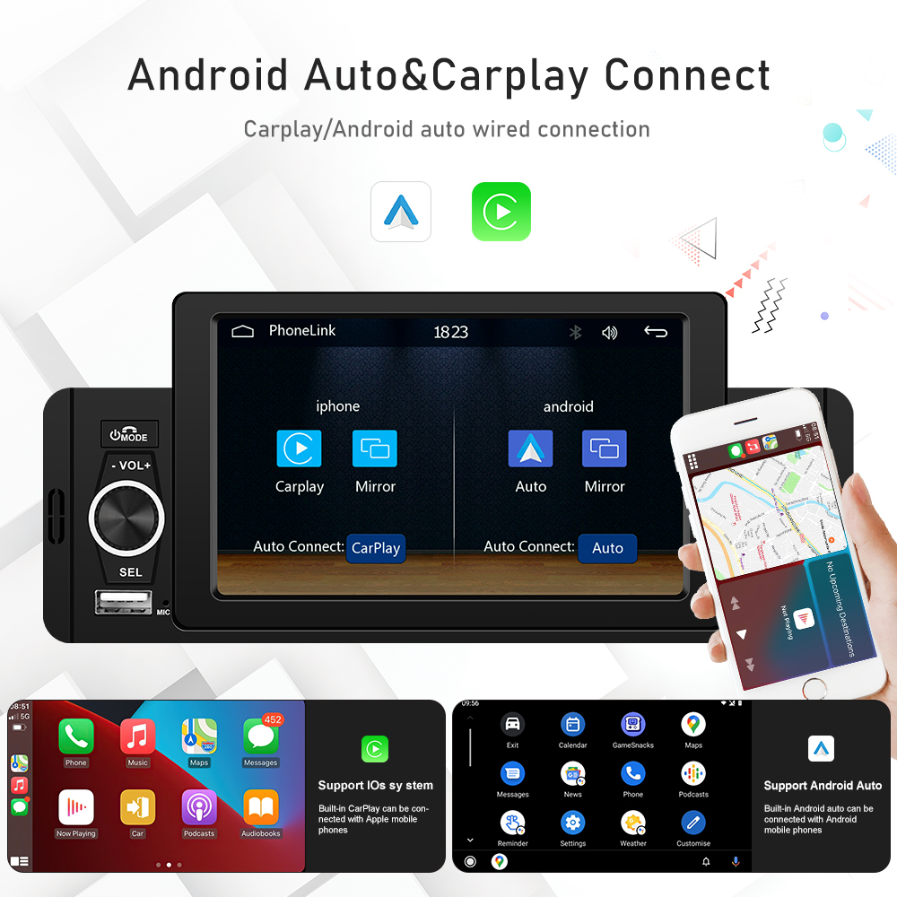 PodoNuremberg-Autoradio 5 , CarPlay, Android Auto, Bluetooth, rÃ©cepteur FM universel, lecteur de limitation de type de carte Prada, audio de voiture, 1 Din n° 2