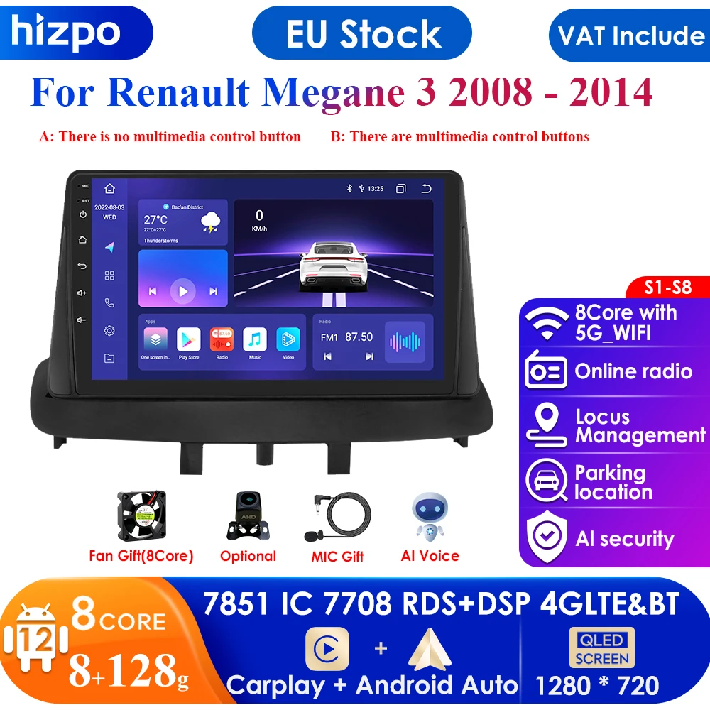 Autoradio Carplay Android 12, 4G, Navigation GPS, BT, DSP, RDS, Lecteur VidÃ©o, 2 DIN, Limitation, UnitÃ© Centrale, pour Voiture Renault Megane 3 (2008-2014) n° 1