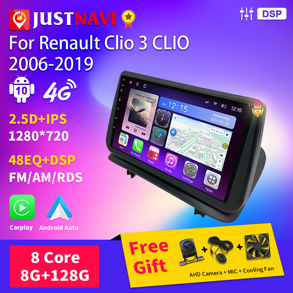 JUSTN183-Autoradio Android 10, Navigation GPS, Carplay, Audio, Lecteur VidÃ©o, StÃ©rÃ©o, 2Din, Limitation, Renault Clio 3, CLIO 2006-2019 n° 1