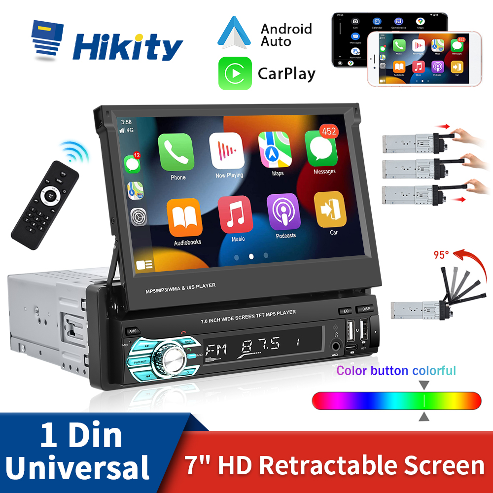 Hikity-Autoradio Carplay avec Ã‰cran RÃ©tractable, Bluetooth, Limitation, Lecteur VidÃ©o StÃ©rÃ©o MP5, 1 Din, 7 , Volkswagen, Toyota, Nissan n° 1