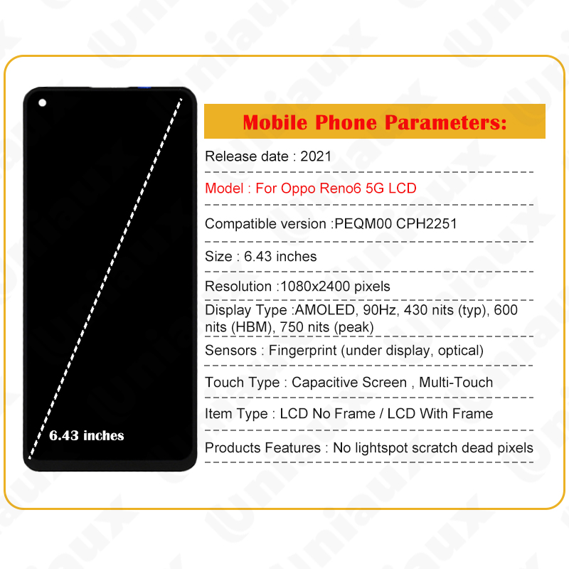 Ã‰cran tactile LCD OLED d'origine, HÃ©bergements eur pour OPPO Reno6, Reno 6, 5G, PEQM00, CPH2251, 6.43 pouces, 4G, CPH2235 n° 6