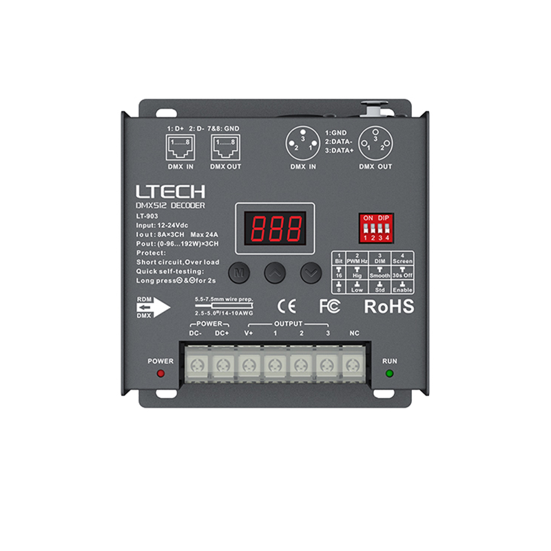 LTECH a menÃ© le dÃ©codeur de DMX d'affichage DC12-24V entrÃ©e; la tension constante du canal PWM RDM DMXorgSSashCV de Snap* 4CH 8A * 3CH Max 24A a produit 4 n° 5