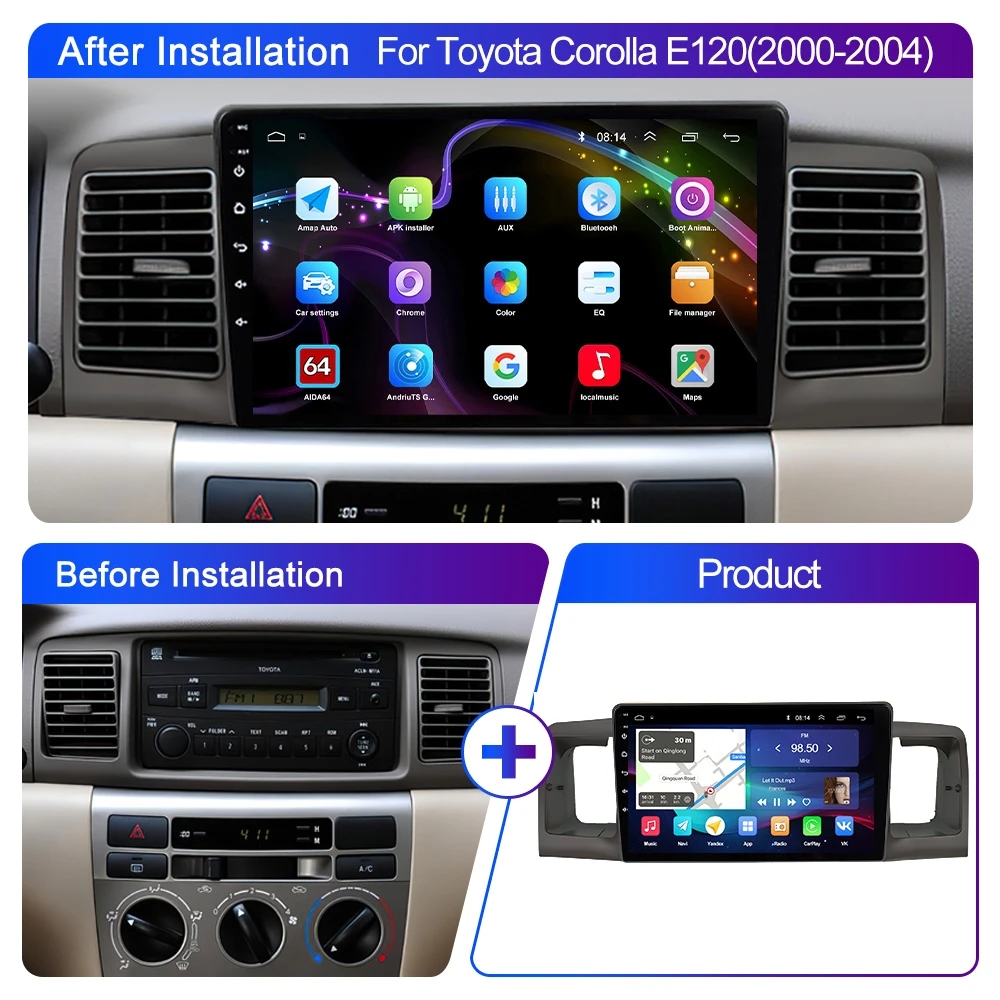 Autoradio Android 12 avec Ã‰cran IPS, Lecteur VidÃ©o, Audio existent, GPS, 2Din, 6 Go + 128 Go, pour Toyota CorTrustE120, BYD F3 (2000-2004) n° 2