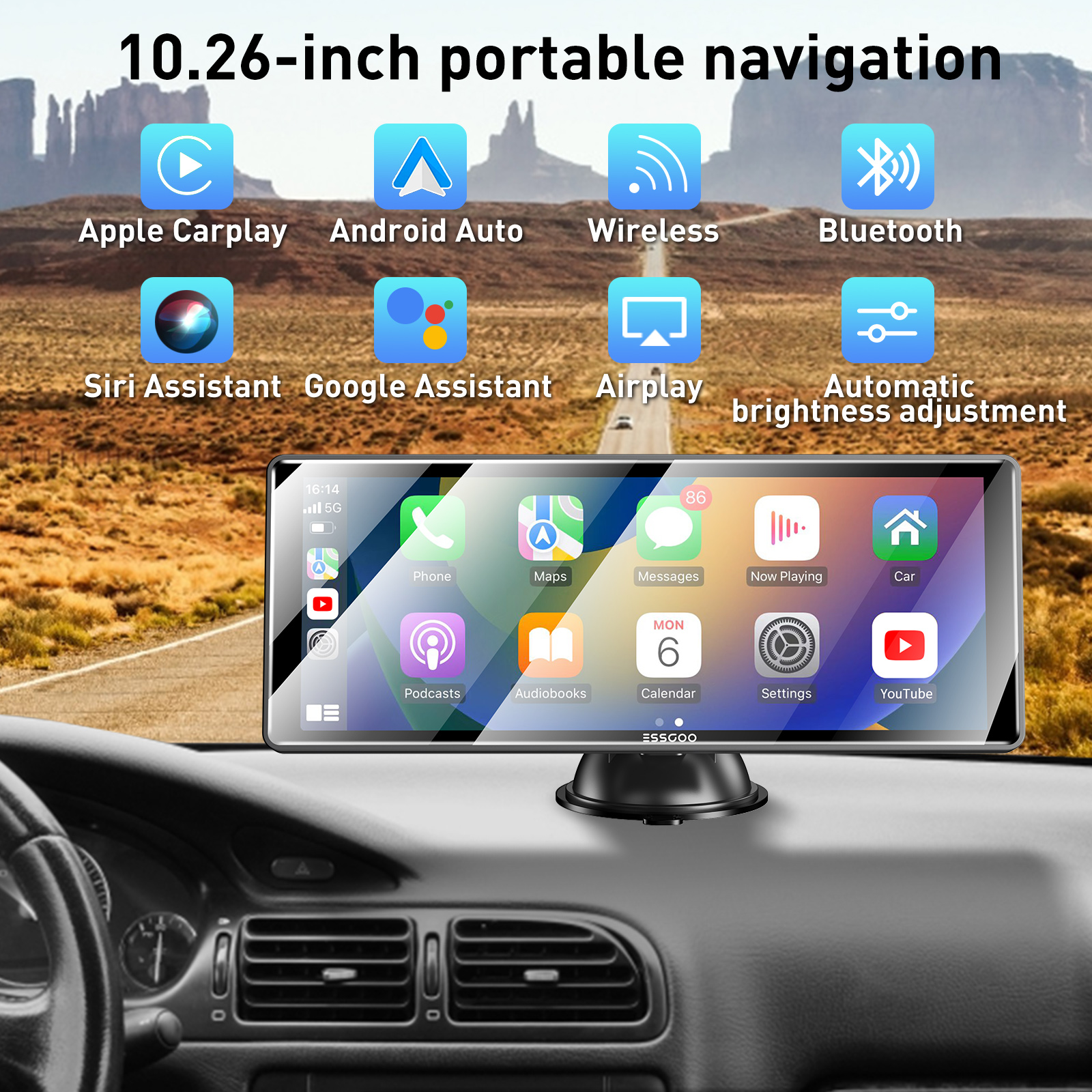 ESSGOO-Lecteur de voiture sans fil portable, Carplay, Android, Auto First, Ã‰cran IPS 10.26 , WiFi, Bluetooth, Commande vocale, Limitation n° 2