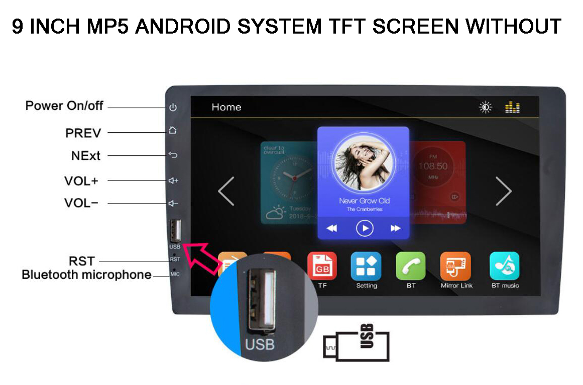 Autoradio MP5 Mirror Link, prend en charge le tÃ©lÃ©phone Android, FM, 1 Din, 9 pouces, lecteur de limitation d'Ã©cran TFT, accessoires Bluetooth n° 2