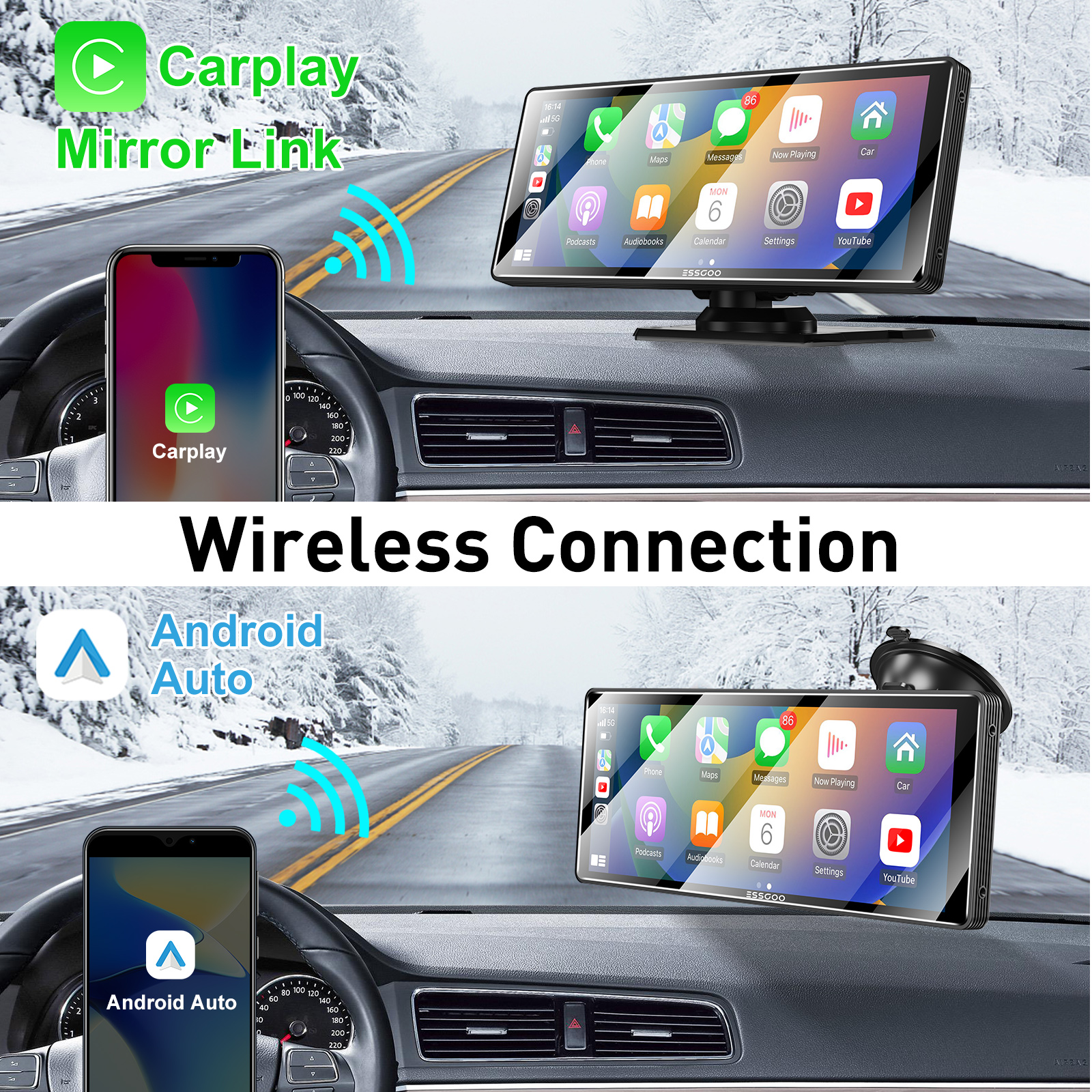 ESSGOO-Lecteur de voiture sans fil portable, Carplay, Android, Auto First, Ã‰cran IPS 10.26 , WiFi, Bluetooth, Commande vocale, Limitation n° 3