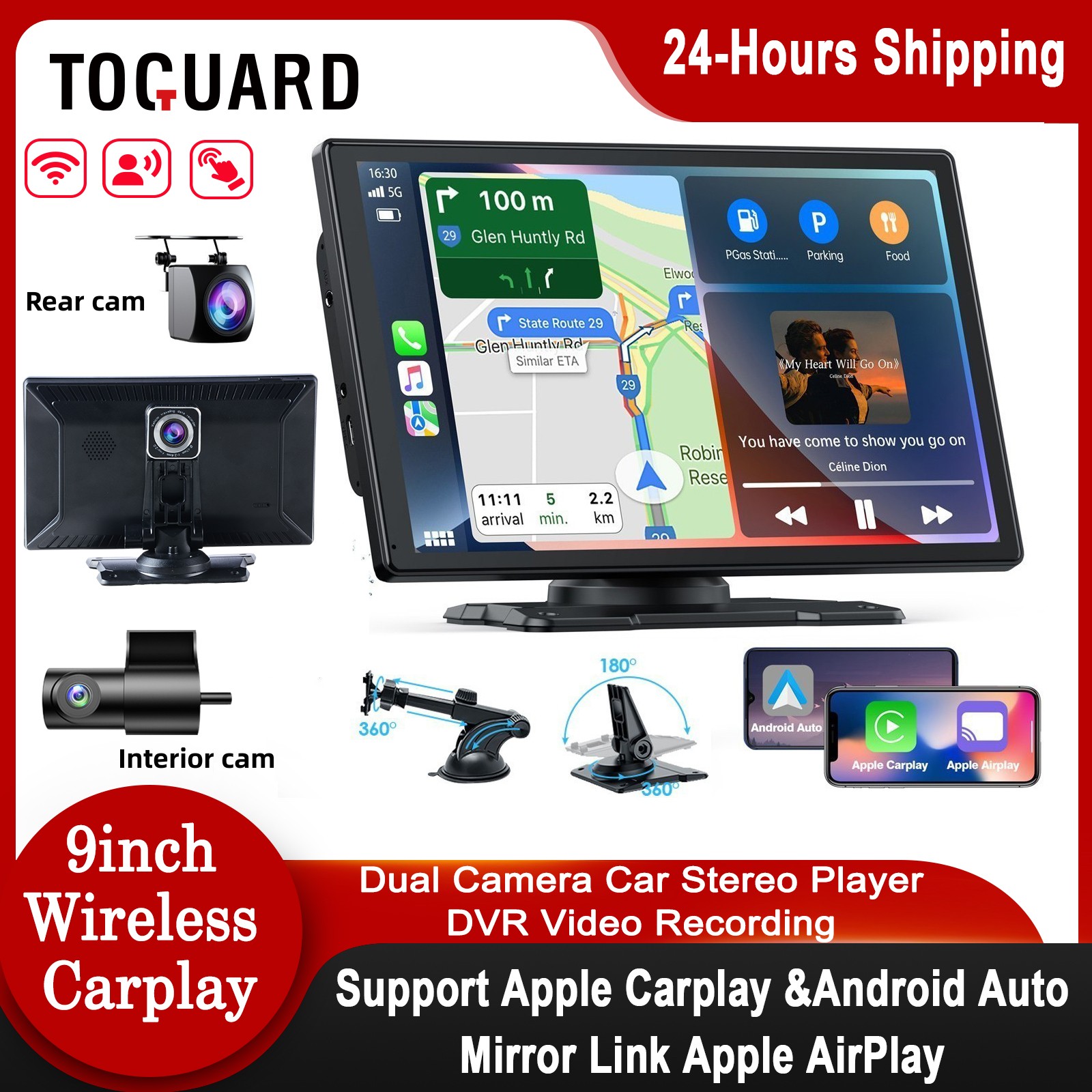 TOGUARD Carplay sans fil avec camÃ©ra pour les yeux, Ã©cran de voiture Ã  limitation automatique, moniteur Android, camÃ©ra de tourisme, DVR, GPS, Wi-Fi, BT, 9 pouces n° 1