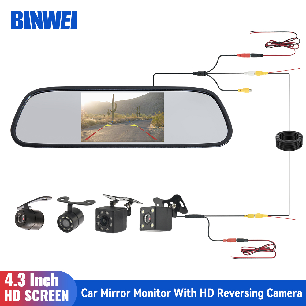 BINWEI-Moniteur de rÃ©troviseur de voiture Ã©tanche avec vision nocturne, camÃ©ra de recul, Ã©cran HD, Ã©cran de rÃ©troviseur de vÃ©hicule, 4.3 pouces n° 1