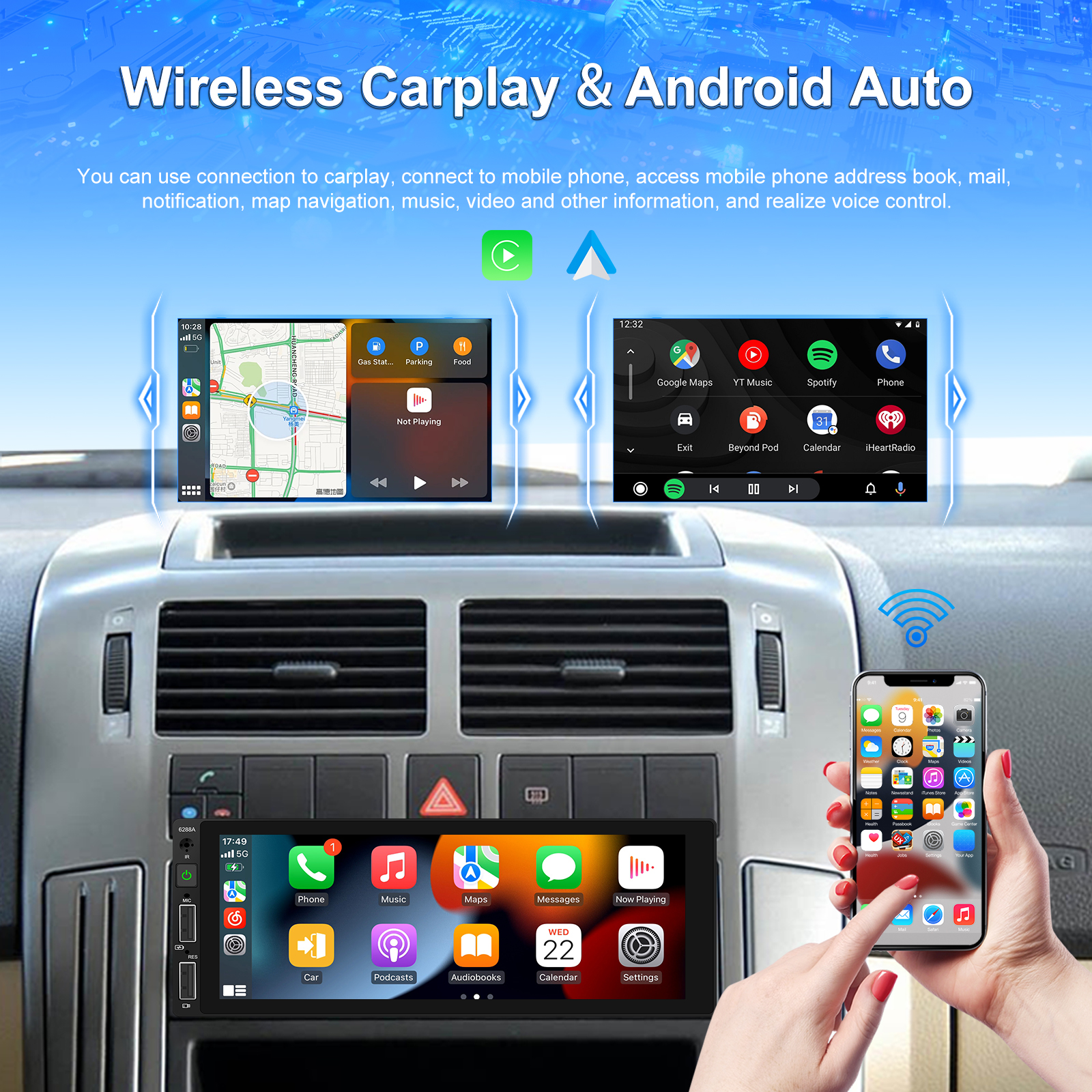 Hikity-Autoradio stÃ©rÃ©o universel, lecteur MP5, Carplay sans fil, Android Auto, Bluetooth, camÃ©ra de recul, 1 Din n° 2