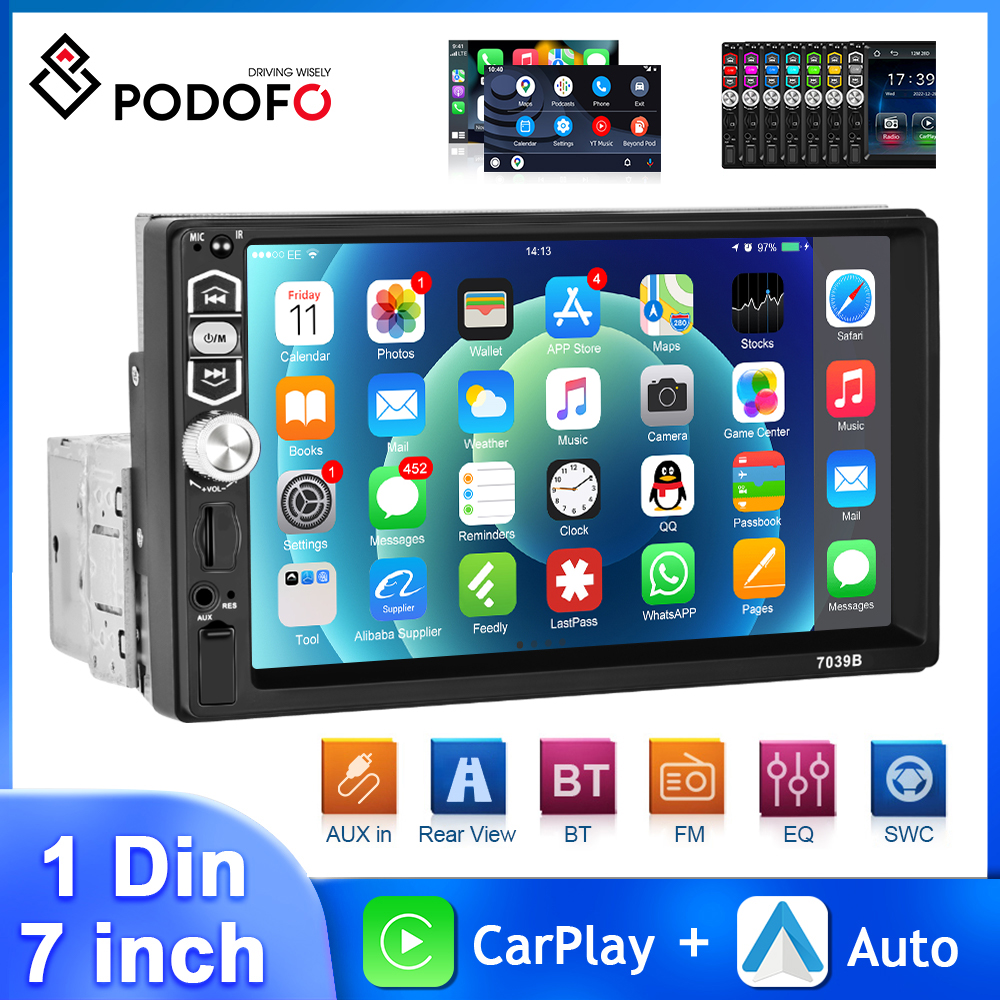 PodoNuremberg-Autoradio sans fil/filaire, Android Auto, lecteur MP5, Ã©cran HD, Bluetooth, avec micro, 1din 7 n° 1