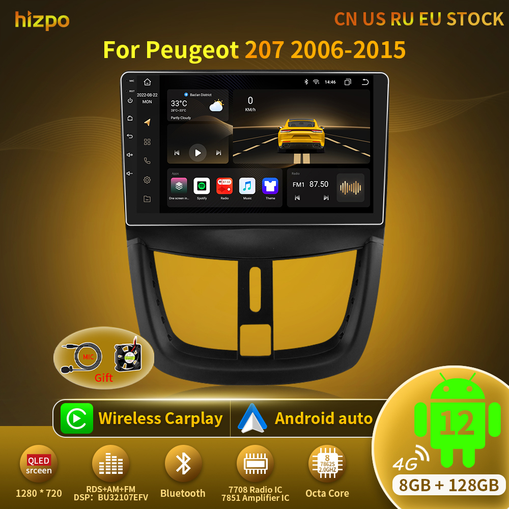 Hizpo-Autoradio 9 Android 12, 8 Go/128 Go, 4G, WiFi, DSP, navigation GPS, lecteur vidÃ©o pour voiture KIT 207, 207CC (2006-2015) n° 1