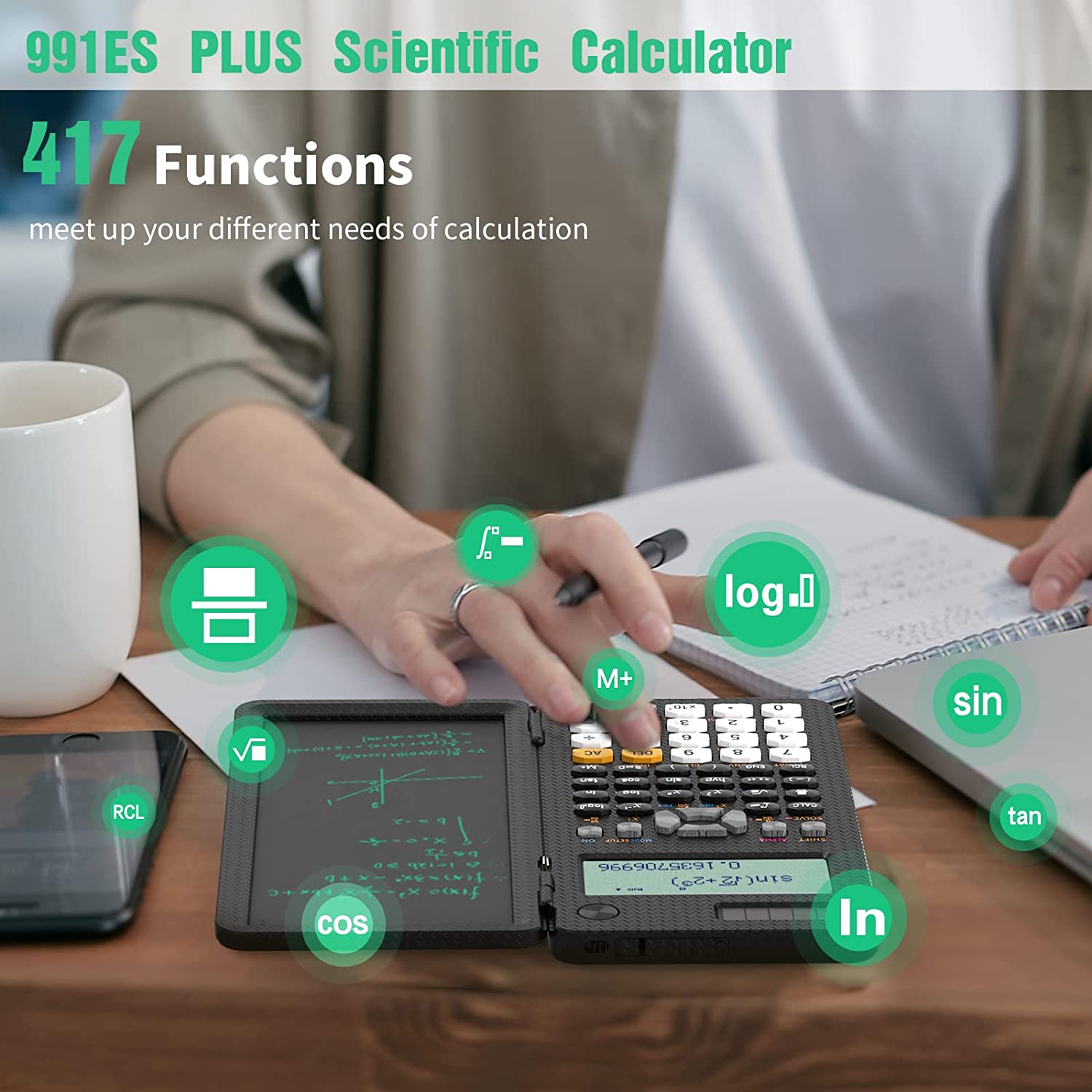 Calculatrice scientifique solaire Portable pliable, avec bloc-notes LCD, 417 fonctions professionnelles, pour Ã©tudiants, mise Ã  niveau 991ES n° 2