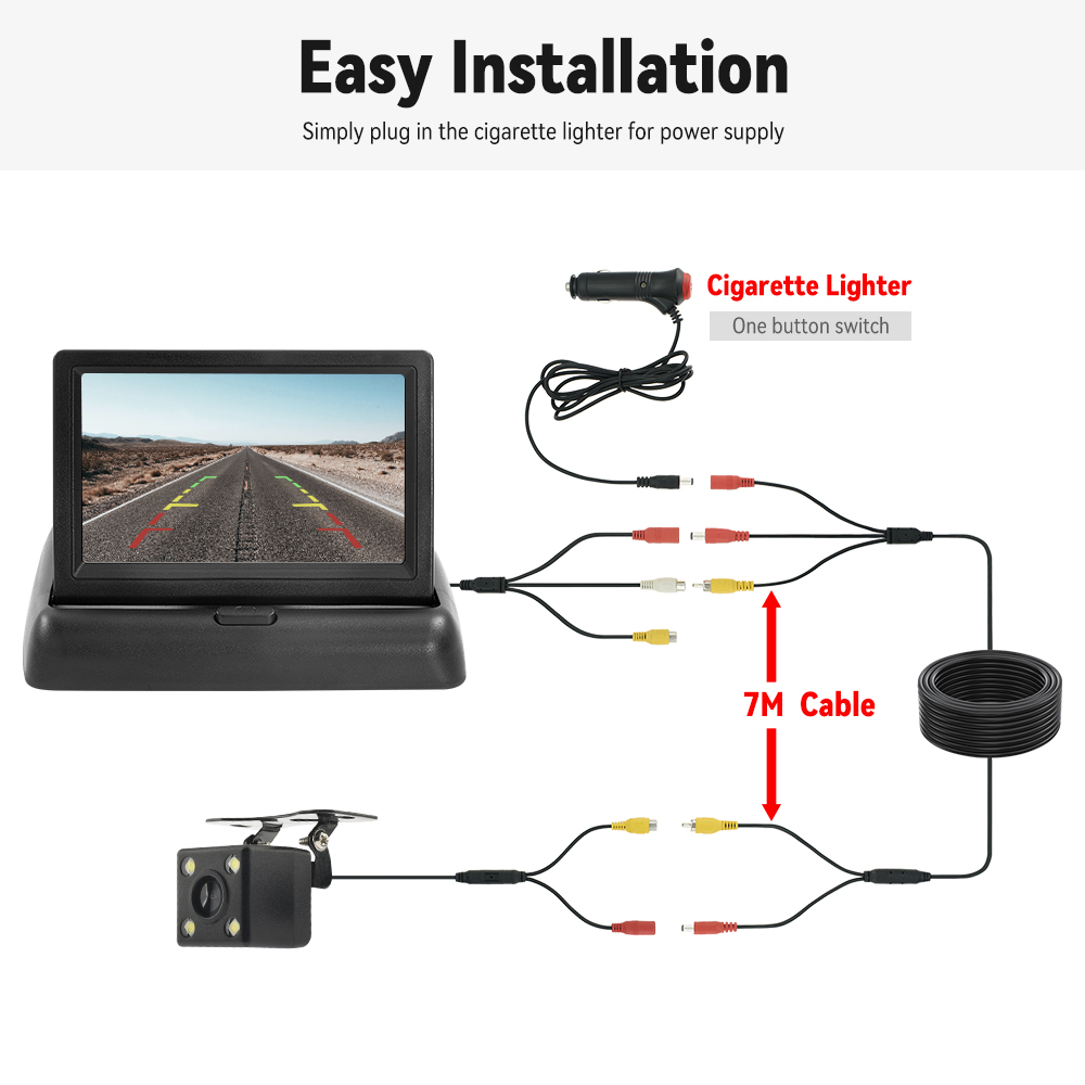 BINWEI-Moniteur de voiture pliant avec camÃ©ra de recul, Ã©cran HD LCD TFT, camÃ©ra de recul LED, stationnement de vÃ©hicule, installation facile, 4.3 n° 6