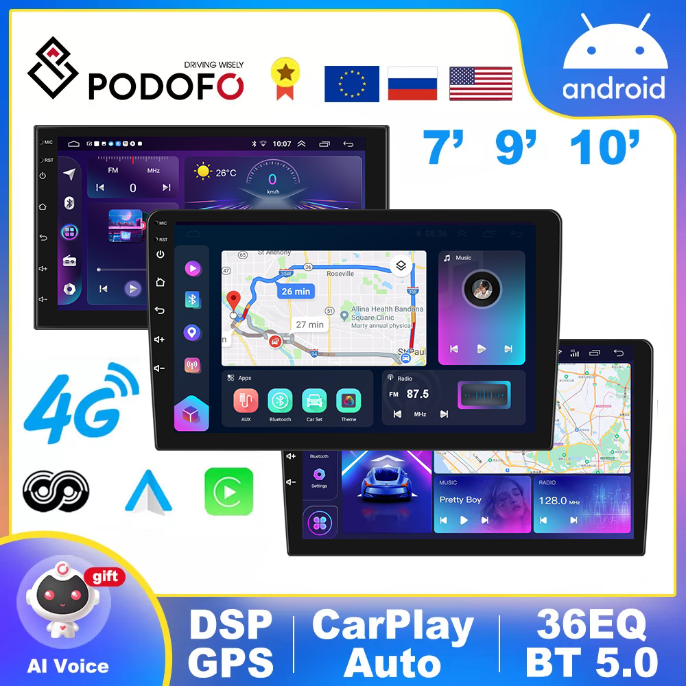 Podofo â€“ Autoradio Android avec lecteur multimÃ©dia, 4G, Ã©cran partagÃ©, GPS, Audio stÃ©rÃ©o, 2 Din, pour Ford VW Toyota Nissan n° 1