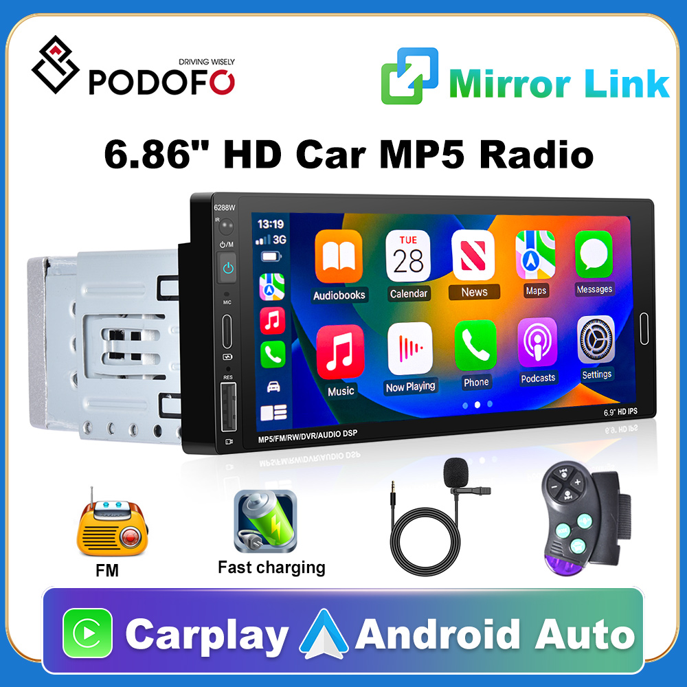 PodoNuremberg-Lecteur Ã  Ã©cran tactile HD pour voiture, Carplay, Auto MP5, Bluetooth, RÃ©cepteur radio FM, Prise en charge TF, CamÃ©ra de recul USB, 1 Din n° 1