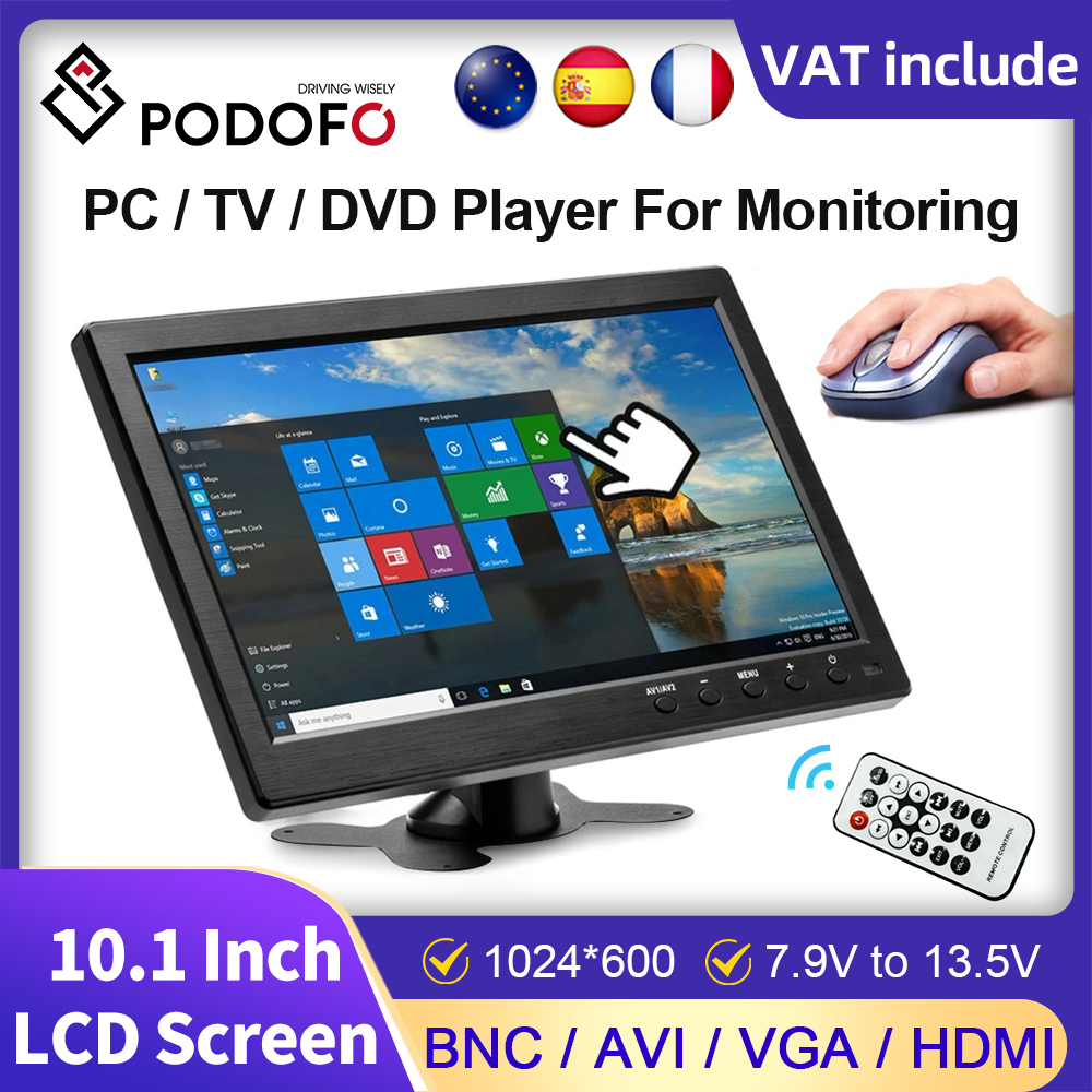 PodoNuremberg-Moniteur portable, Ã©cran LCD HD, entrÃ©e vidÃ©o, moniteur de voiture de sÃ©curitÃ©, mini TV, ordinateur, VGA, HDMI, systÃ¨me 183 Pi, 10.1 pouces n° 1