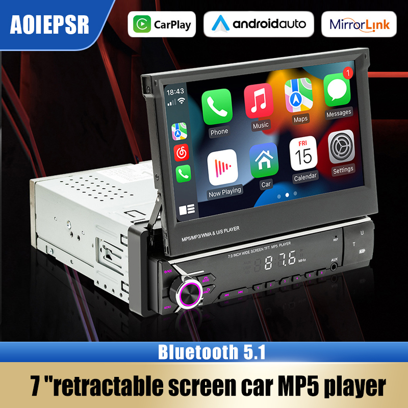 Lecteur MP5 de voiture Ã  Ã©cran rÃ©tractable, Carplay, Android Auto, Bluetooth 5.1, systÃ¨me intelligent, autoradio, lecteur de limitation, 7 n° 1