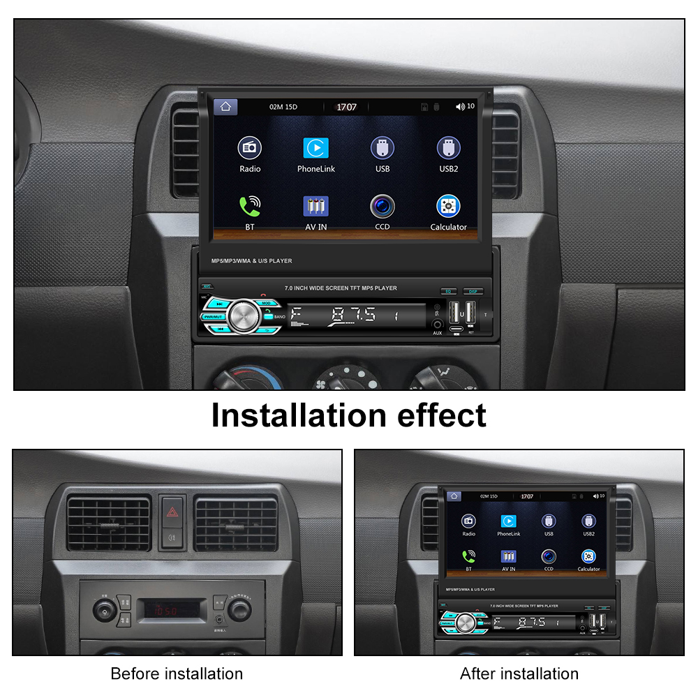 Hikity-Autoradio Carplay avec Ã‰cran RÃ©tractable, Bluetooth, Limitation, Lecteur VidÃ©o StÃ©rÃ©o MP5, 1 Din, 7 , Volkswagen, Toyota, Nissan n° 2