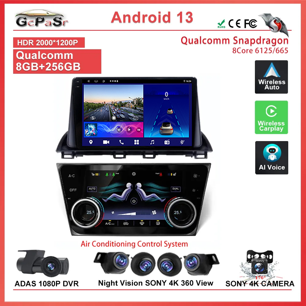 Lecteur de voiture Qualcomm Android 13 pour Mazda 3 Axela 2014-2019, affichage de la climatisation, limitation, stÃ©rÃ©o, autoradio, navigation GPS n° 1