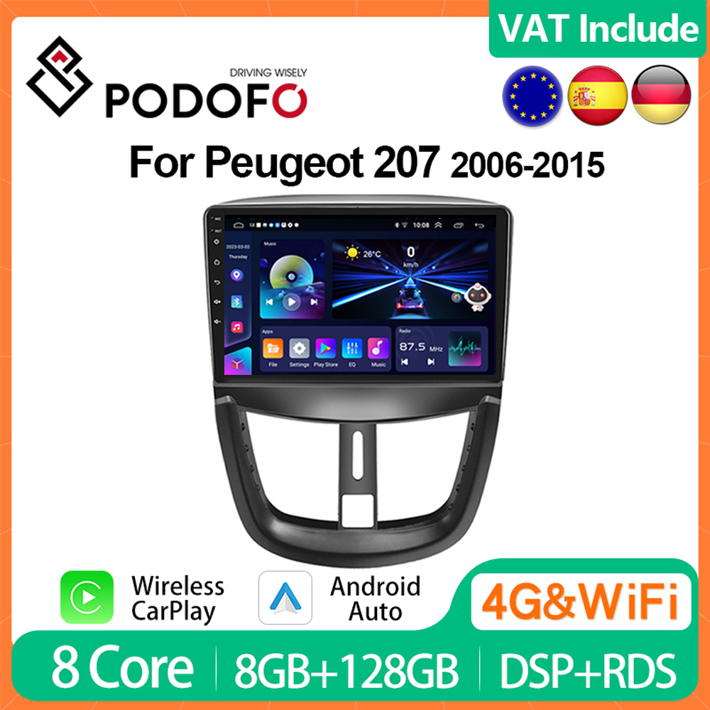 PodoNuremberg-Autoradio Android, CarPlay, 4G, 8 Go + 128 Go, Lecteur de Limitation, 2din, UnitÃ© Principale, GPS, Navi, HiFi, RDS, StÃ©rÃ©o, pour KIT 207, 2006-2015 n° 1