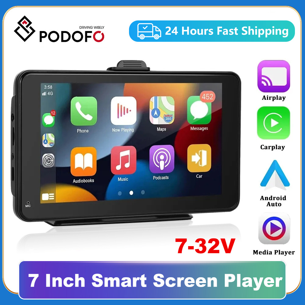 Podofo â€“ moniteur de voiture universel 7 pouces HD, Ã©cran 1024x600, Carplay MP5, prend en charge Android Auto, avec commande vocale, camÃ©ra de recul, DVD n° 1