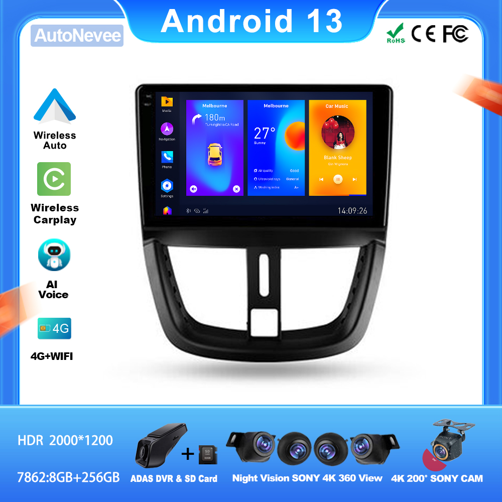 Autoradio Android pour Voiture KIT 207, 2006-2015, Carplay, StÃ©rÃ©o, Limitation, Lecteur, Navigation, Dash Cam, UnitÃ© Centrale, 5G, WIFI, BT, GPS n° 1