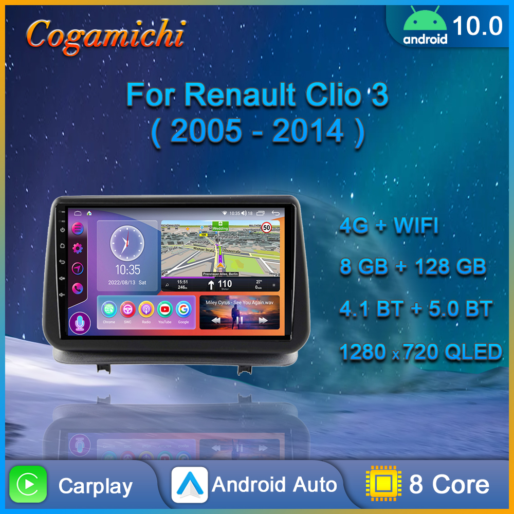 Autoradio Android, Carplay, Navigation GPS, QLED, Ã©cran tactile, stÃ©rÃ©o, lecteur multimÃ©dia vidÃ©o, pour voiture Renault Clio 3 (2005 2006 2007 2008 2009 2010 2011 2012 2013 2014) n° 1