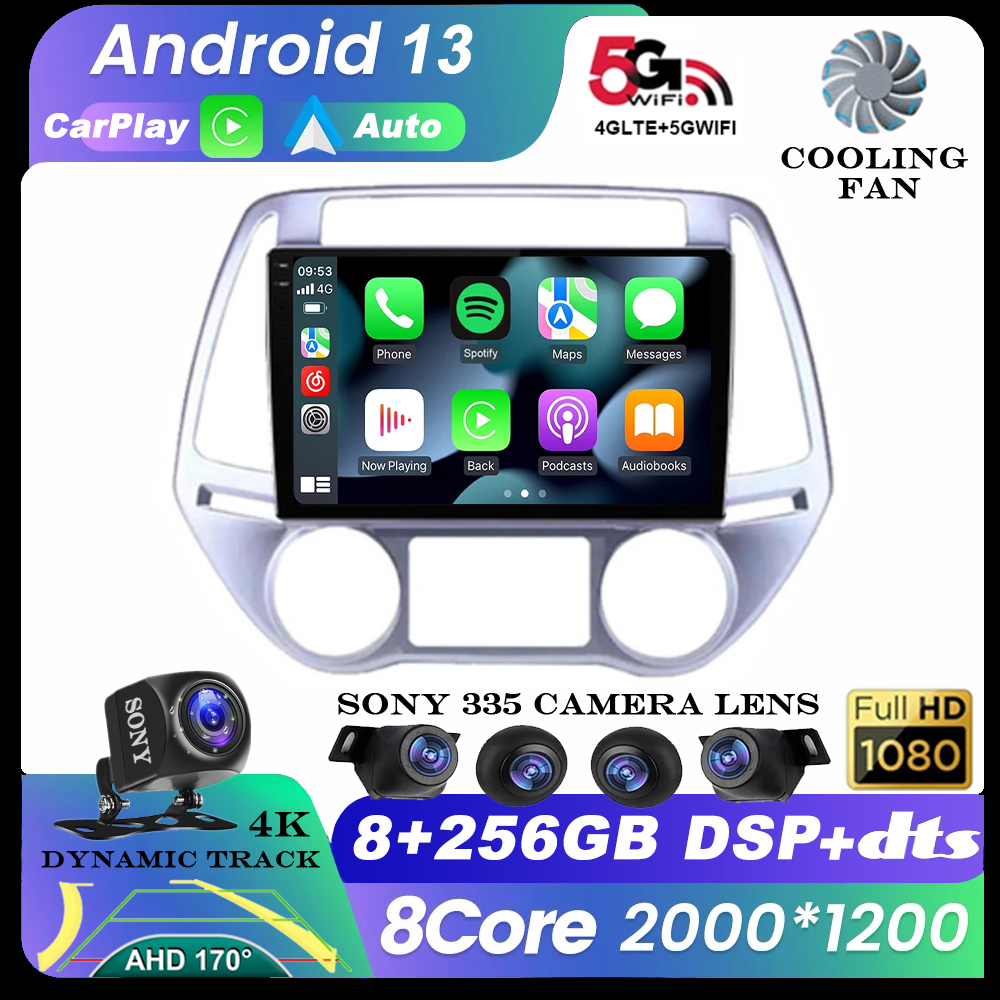 Autoradio Android 13, Navigation GPS, Carplay, lecteur multimÃ©dia vidÃ©o, DVD, camÃ©ra, stÃ©rÃ©o, 2 Din, pour voiture Hyundai i20 (2008 â€“ 2014) n° 1