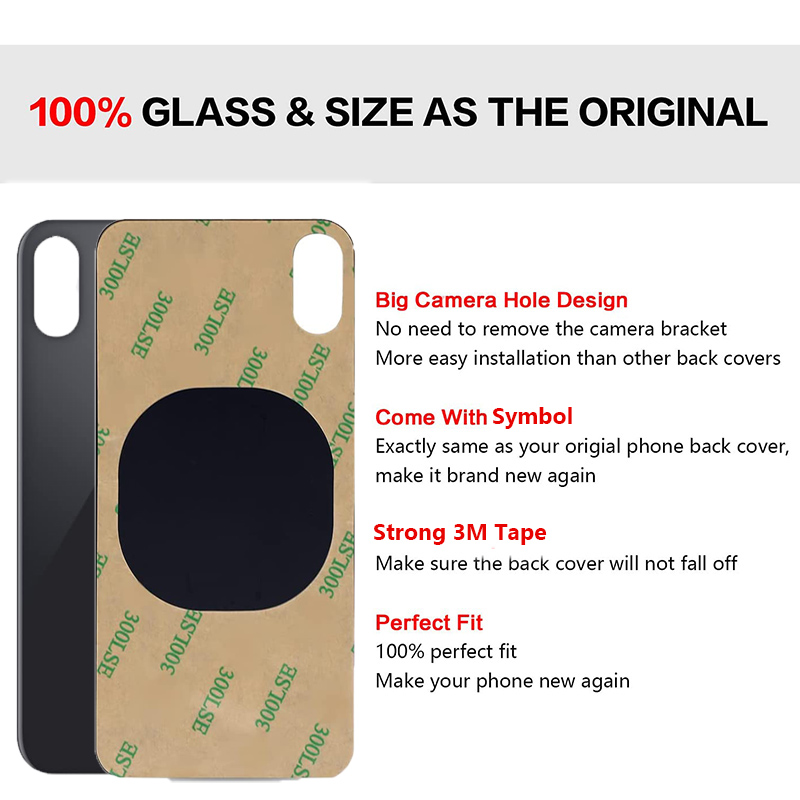 Coque arriÃ¨re en verre Ã  grand trou pour iPhone X, 5.8 pouces, tous supports avec bande 3M, pour modÃ¨les A1865, A1901, a1932 n° 3