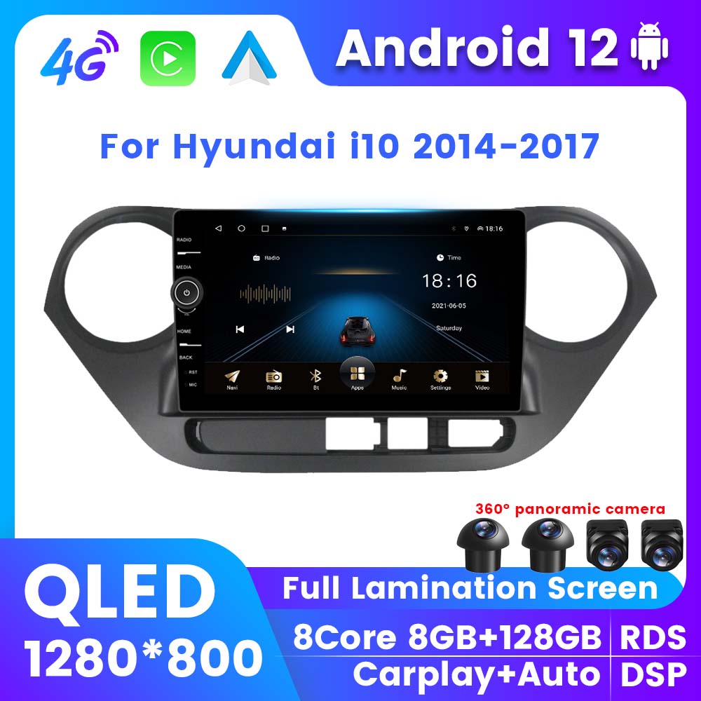 QLED-Autoradio Android 12, Navigation GPS, Carplay, DSP, 2Din, Sans Fil, Lecteur avec Ã‰cran, pour Voiture Hyundai i10 (2014, 2015, 2016, 2017) n° 1