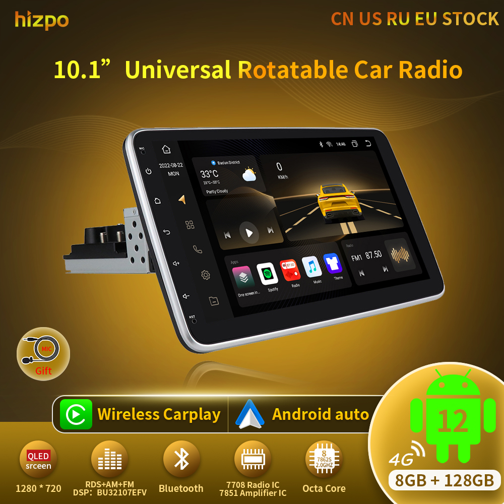 Hizpo-Autoradio Android 12 avec Ã©cran tactile rotatif, lecteur vidÃ©o multimÃ©dia, autoradio universel, GPS, WiFi, 10.1 pouces, 8G, 128G n° 1