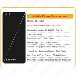 6.58 en effet Original pour Huawei P40 Pro Plus LCD ELS-N39 ELS-AN10 Affichage avec Cadre Écran Tactile Digitizer Pièces De Rechange small picture n° 6