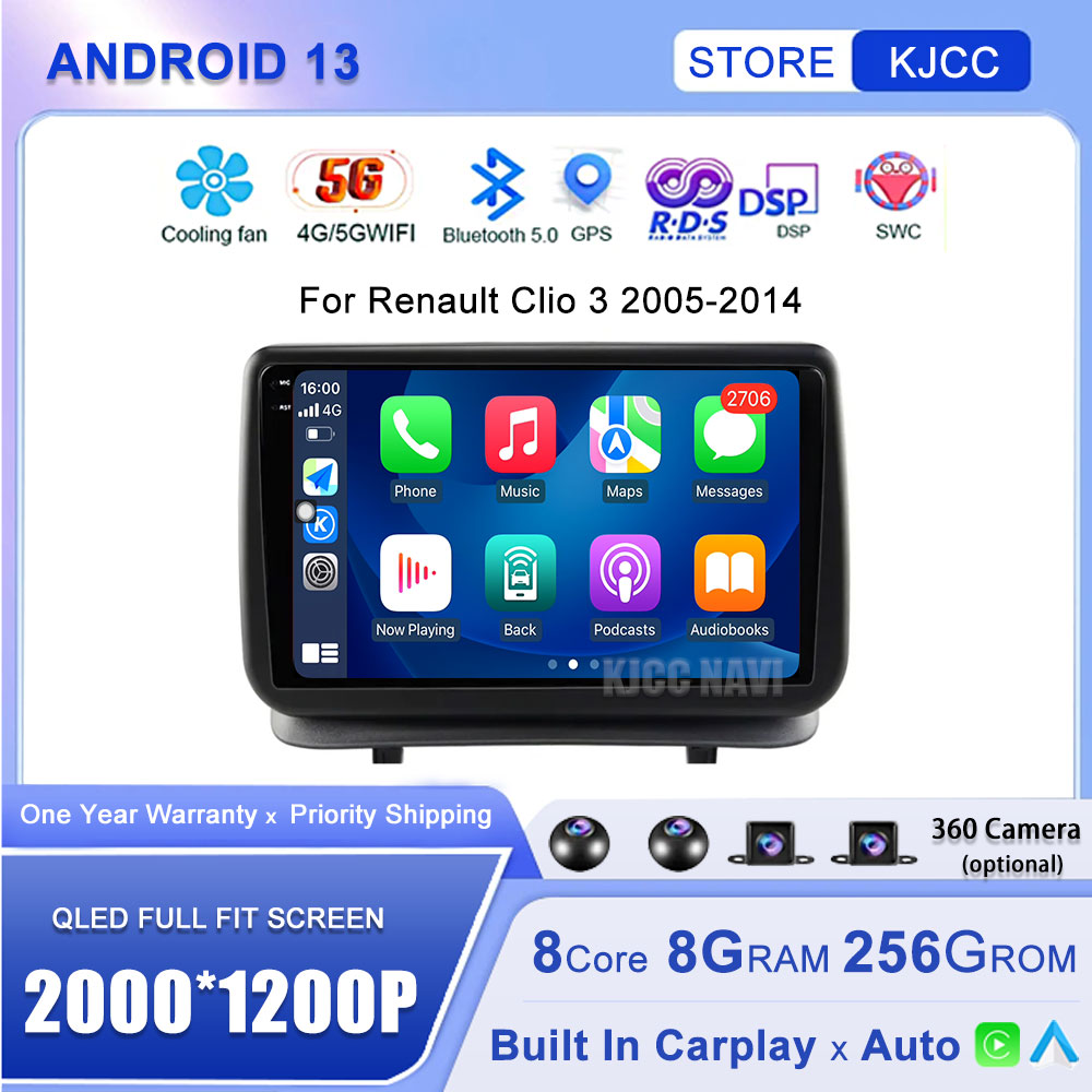 Autoradio Android 13, Navigation GPS, CamÃ©ra, Carplay, StÃ©rÃ©o, Lecteur DVD, 4G, Wifi, Limitation, pour Voiture Renault Clio 3 (2005-2014) n° 1