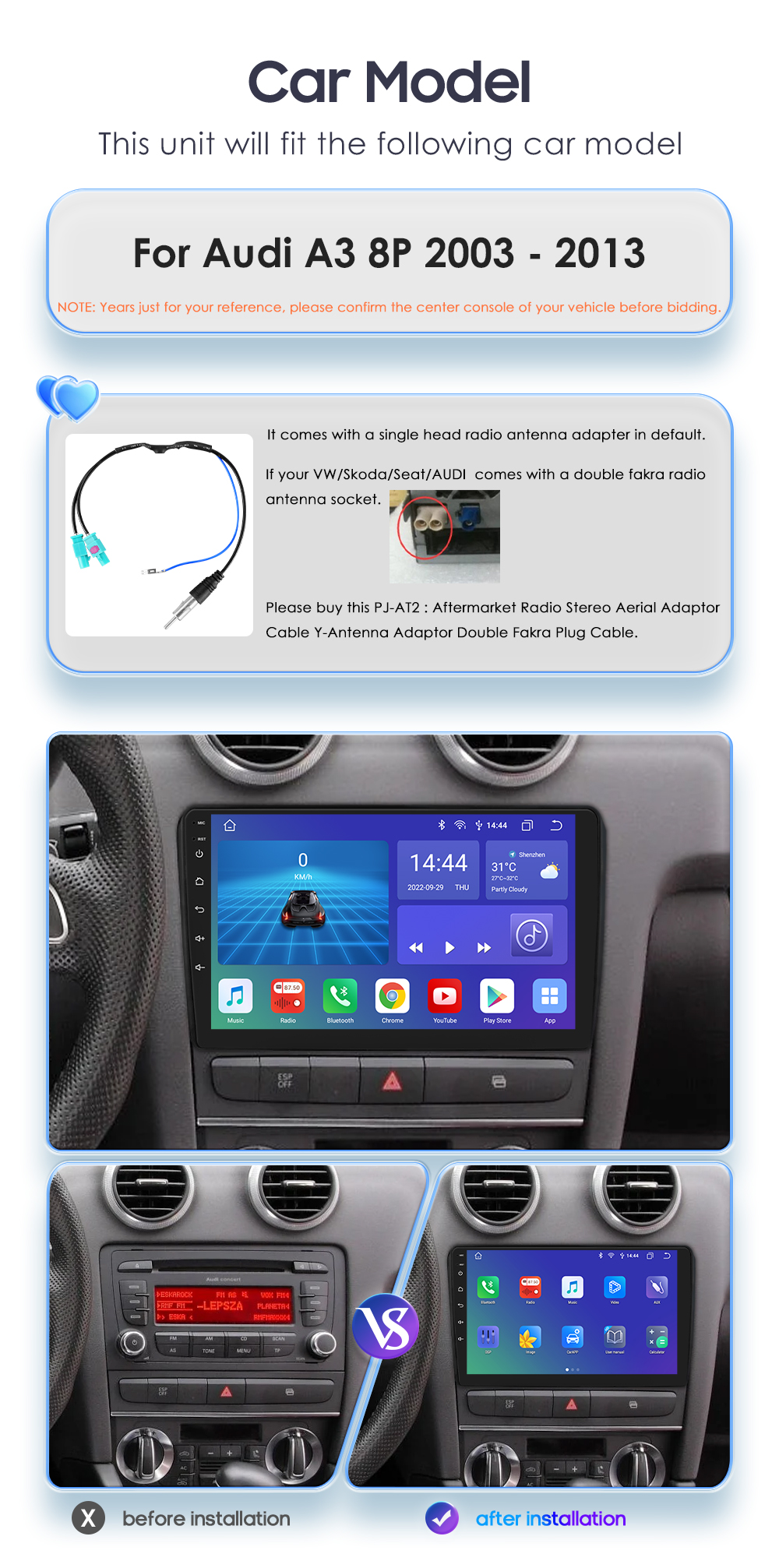 Hizpo-Autoradio avec Ã©cran pour Audi A3 8P 2003-2012, Carplay, 9 , 2 Din, Android 12, StÃ©rÃ©o, Limitation du systÃ¨me intelligent, WiFi n° 3