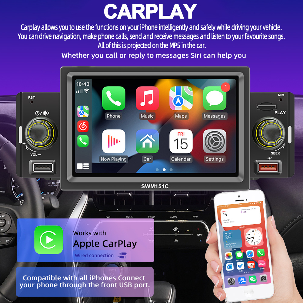 Autoradio Ã  Ã©cran tactile IPS, Android Auto, Apple CarPlay, lecteur MP5, lien miroir, mains libres, USB, SD, TF, Bluetooth, limitation, 1Din, 5 n° 2